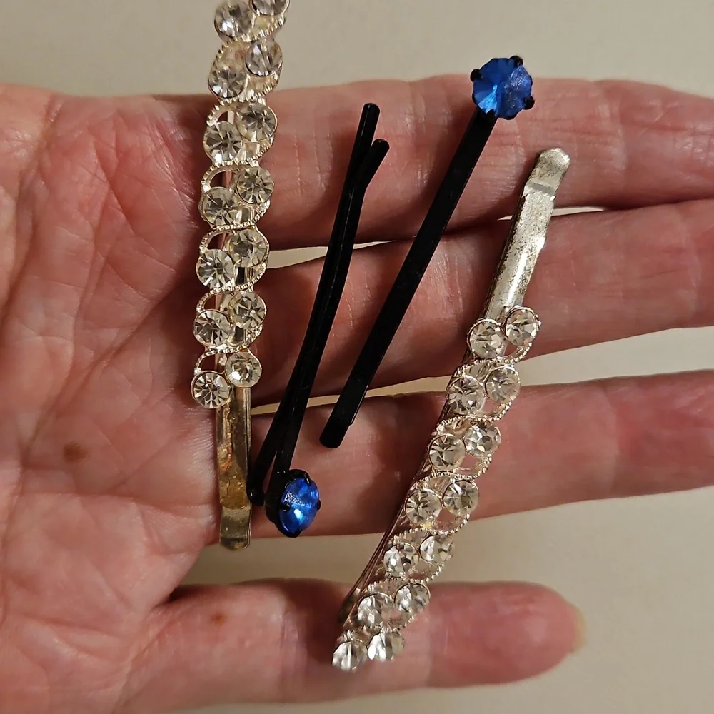 Set Of 4 Blue And Clear Rhinestone hair pins Special Occasion Bun Braid Prom